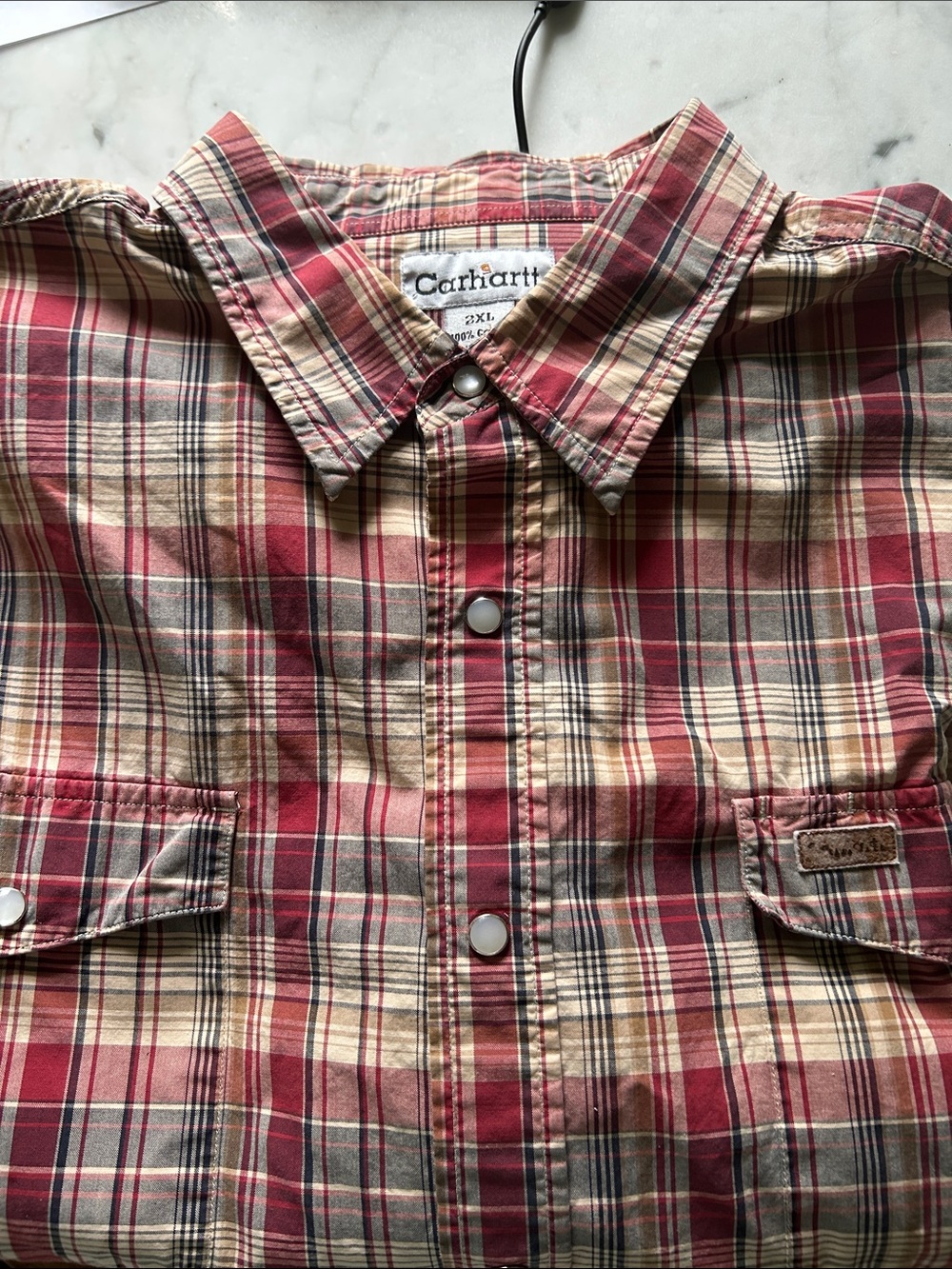 Carhartt Men’s Red and Tan Plaid pearl snap buttons
